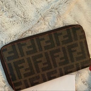 Fendi Brown and Red Zucca Zippy Wallet